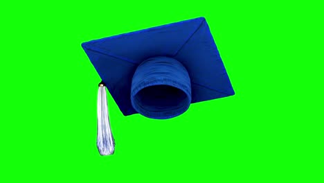 an animation loop of a blue graduation hat on a turntable on a green screen backdrop with a luma matte area at the conclusion of the animation.