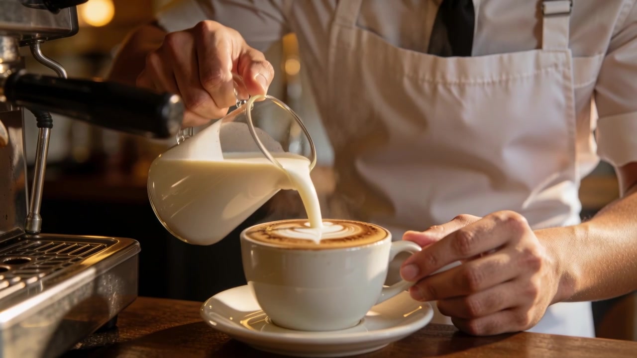 Ispezionando la latte art, un barista in grembiule versa da una lattiera sul bancone del caffè, finendo la rosetta