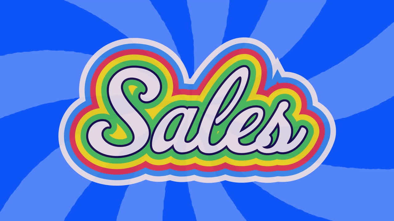 animación del banner de texto de ventas sobre rayos radiales en un patrón sin costuras sobre fondo azul