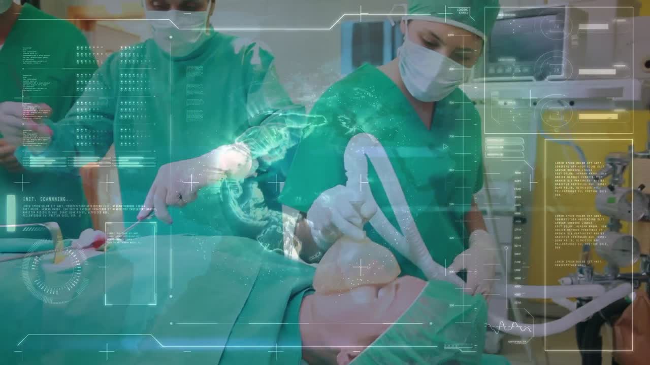 animación del procesamiento de datos sobre cirujanos caucásicos durante la cirugía