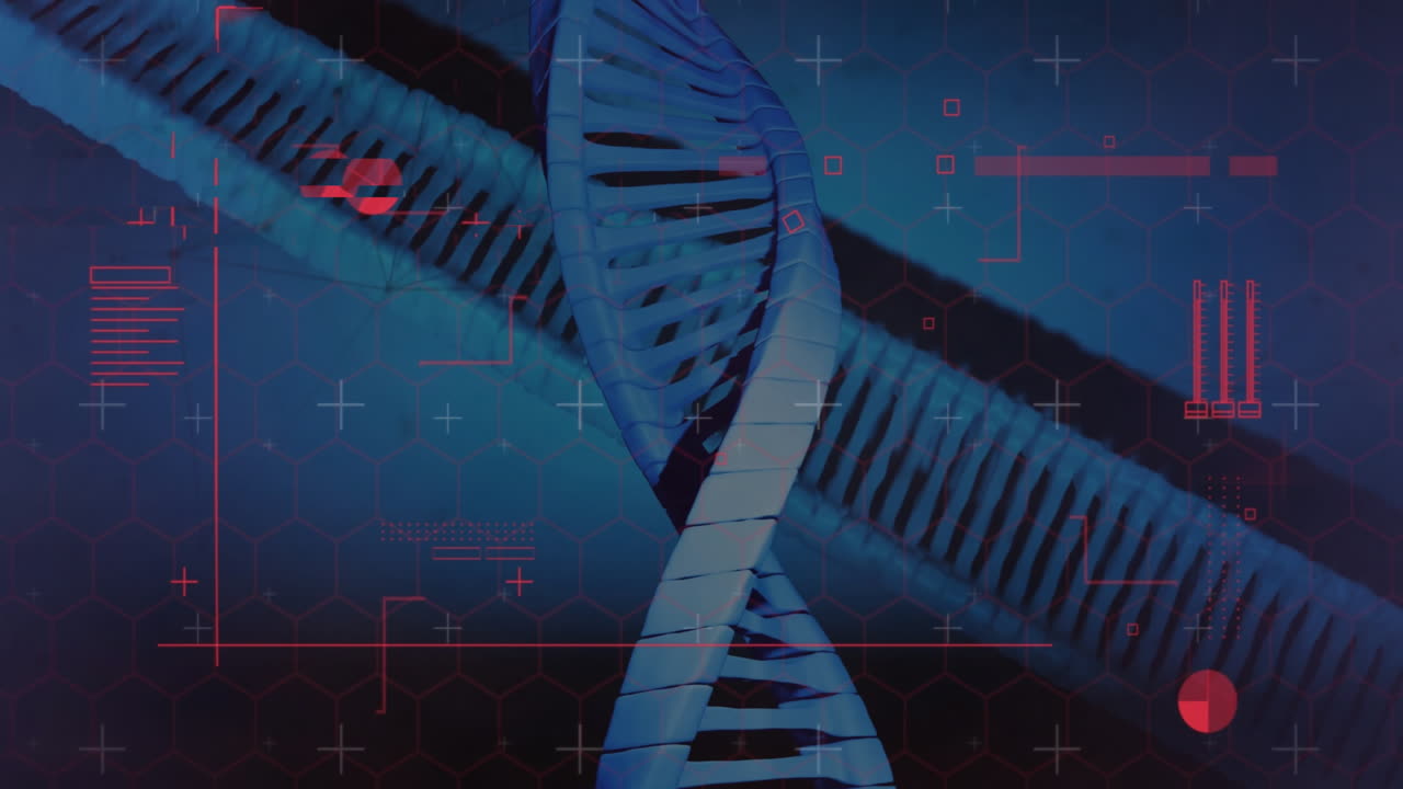 Animation of scanner and red charts processing data over dna on dark background