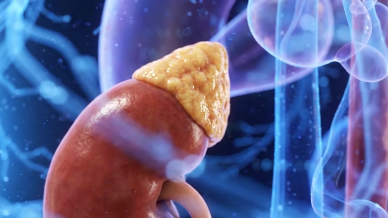 Detailed adrenal gland and kidney anatomy model highlighted inside transparent torso