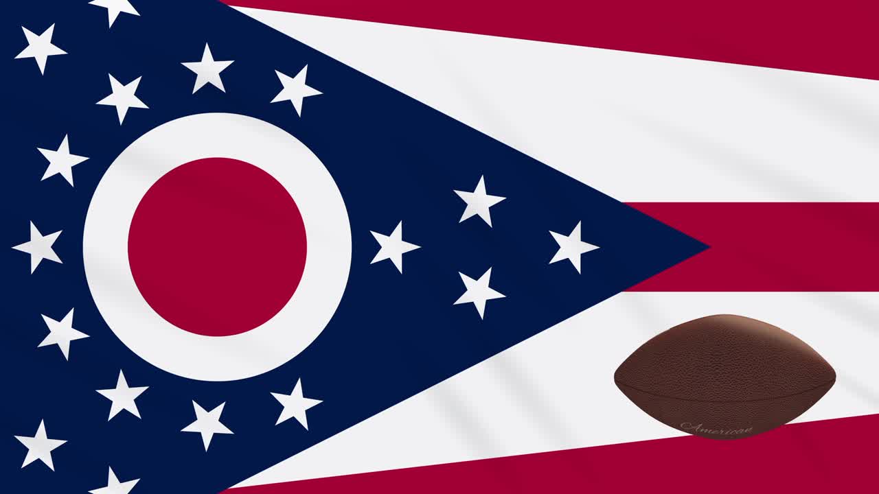 Ohio flag waving and american football ball rotates, loop