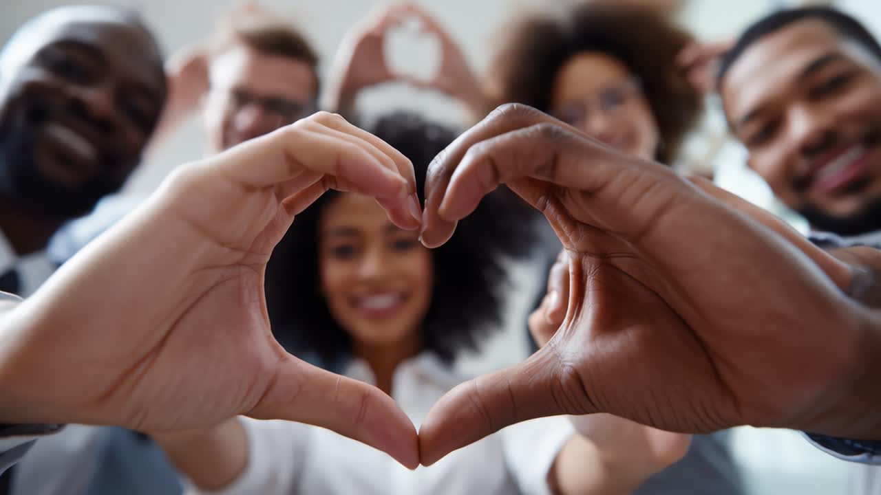 A Diverse Group of Friends Forming Hearts with Their Hands, Celebrating Unity and Connection in a Joyful Environment Filled with Smiles and Positivity