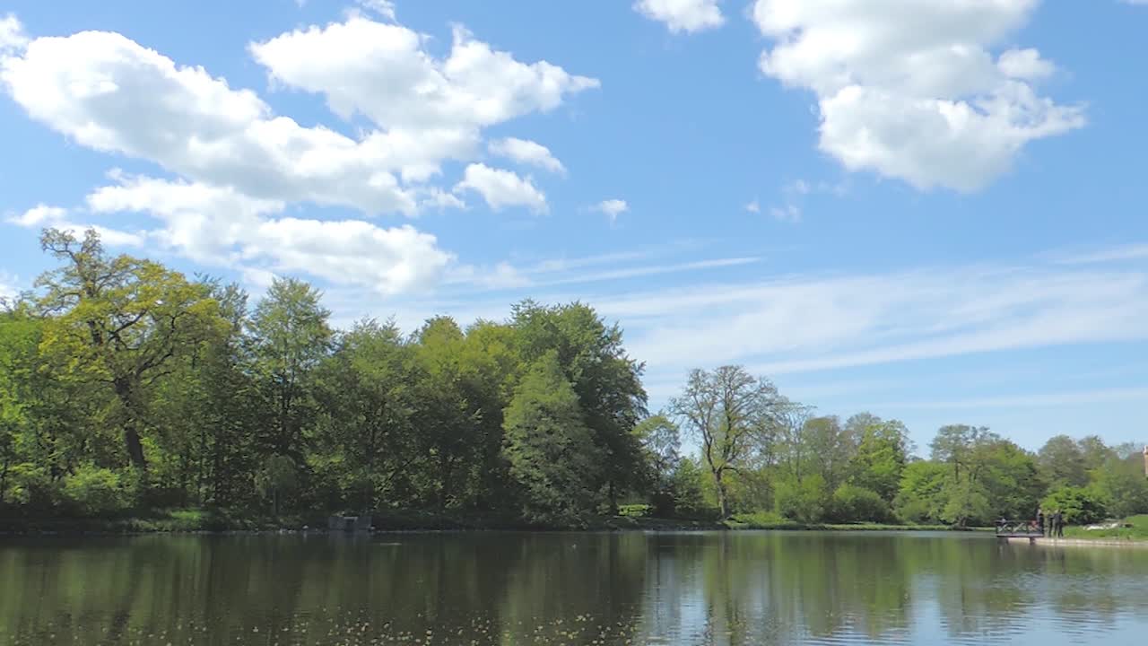 hermoso lapso de tiempo en un parque con un lago en un día ventoso