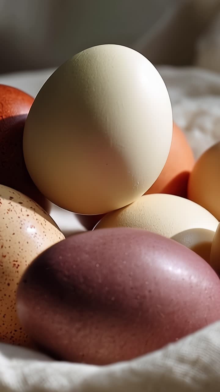 En vakker utstilling av fargerike egg som ligger sammen på mykt stoff i naturlig lys, som fanger deres unike former og teksturer i en koselig setting.