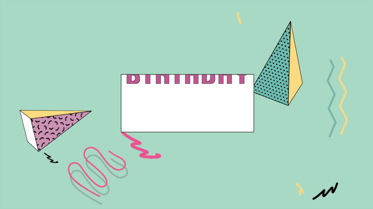 중앙에 생일 축하와 함께 다채로운 기하학적 생일 카드