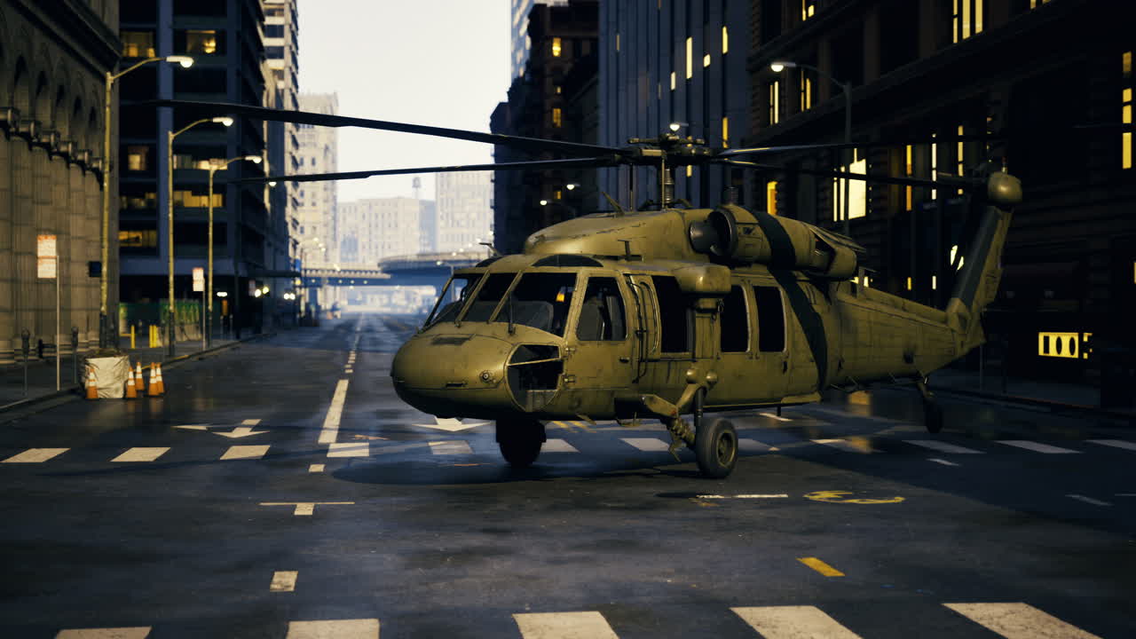 Military helicopter on an abandoned urban street after a major event