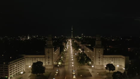 Aerial-View-of-Empty-Karl-Marx-Allee-Frankfurter-Tor-at-Night-with-No-People-in-Berlin,-Germany-during-COVID-19-Coronavirus-Pandemic