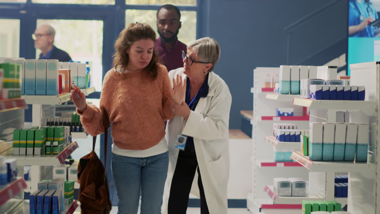 Woman assisted by pharmacist in drug store