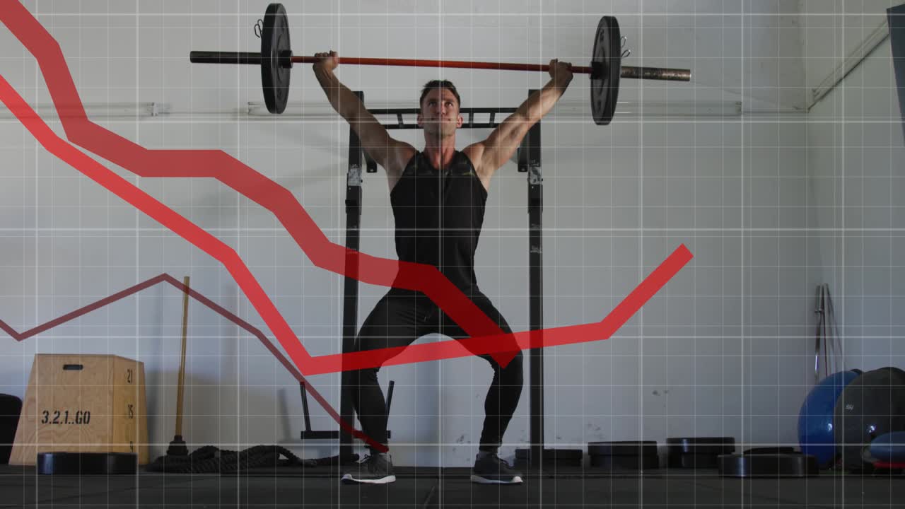 Man racking barbell pressing overhead and deep squatting for fitness grid red graph overlay subject