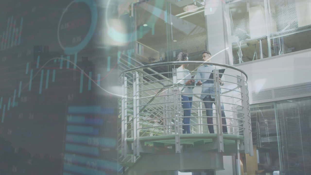 Animation of financial data processing over diverse business people in office