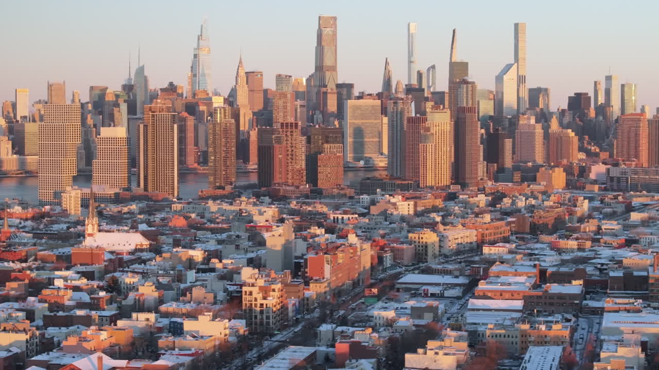 Aerial view of New York City on a winter morning. Shot in Brooklyn