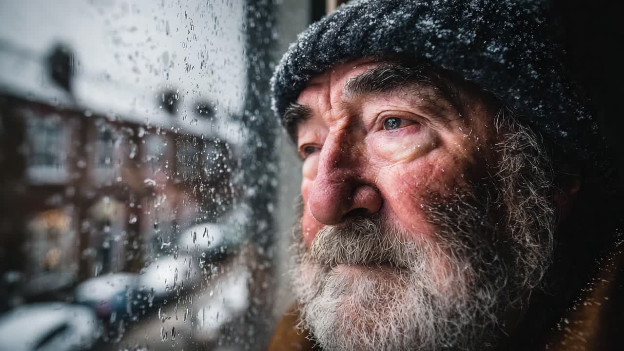 A contemplative elderly man's expression reflects the beauty and introspection of a winter day as he gazes out a rain-splattered window, lost in thought