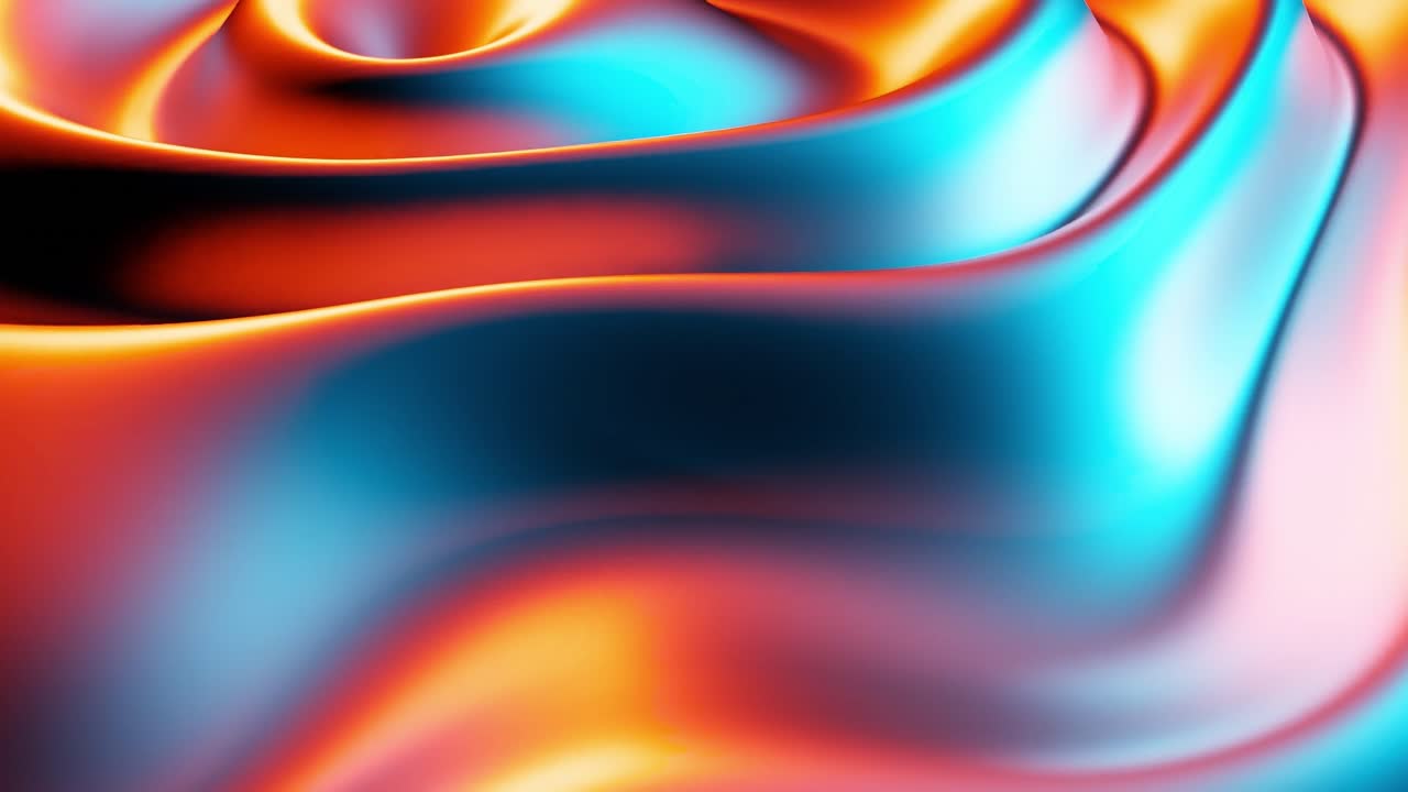 Close-up of smooth silk fabric with flowing folds in blue and orange tones, creating a vibrant abstract texture. Fashion, fabric design, and luxury background concept.