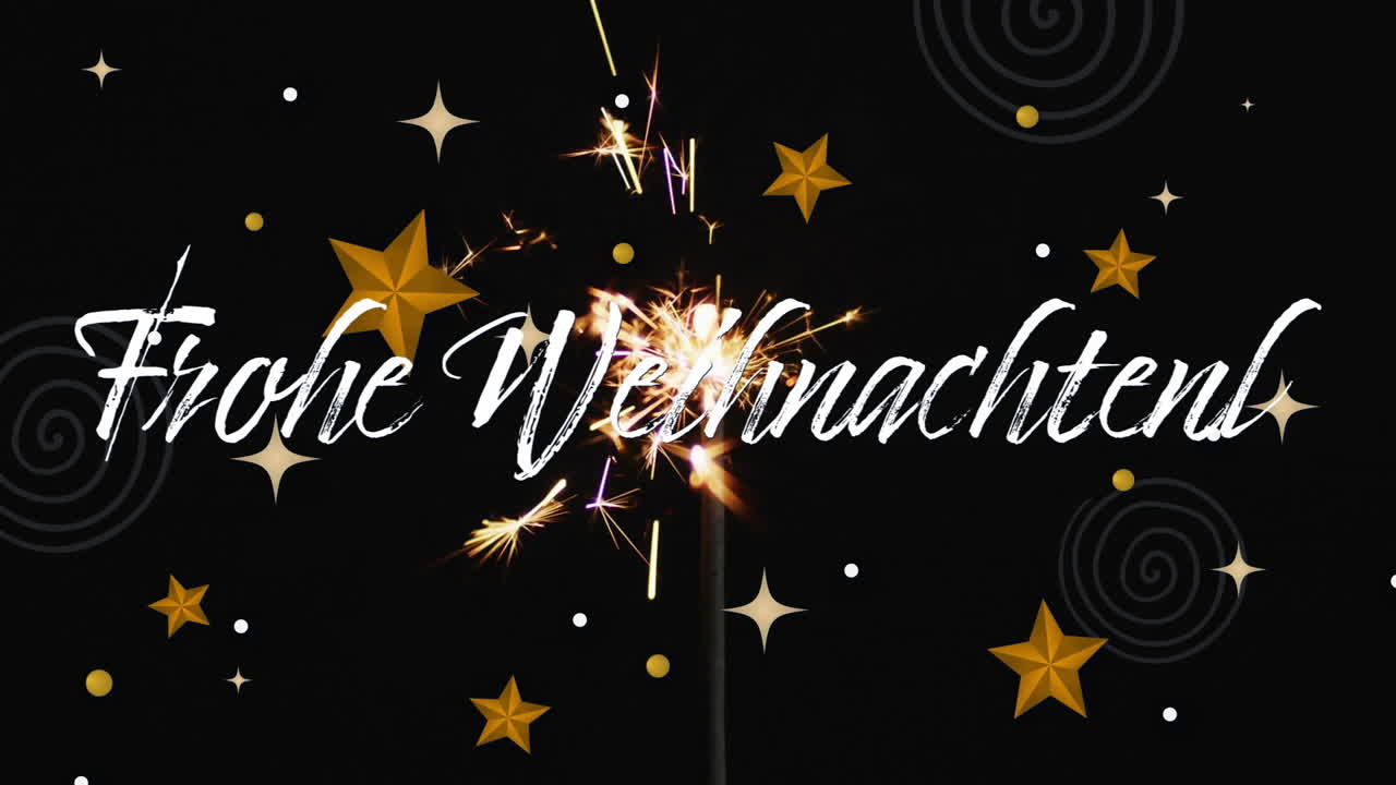 Animation von „Frohe Weihnachten“ Text über Wunderkerze und Sternen