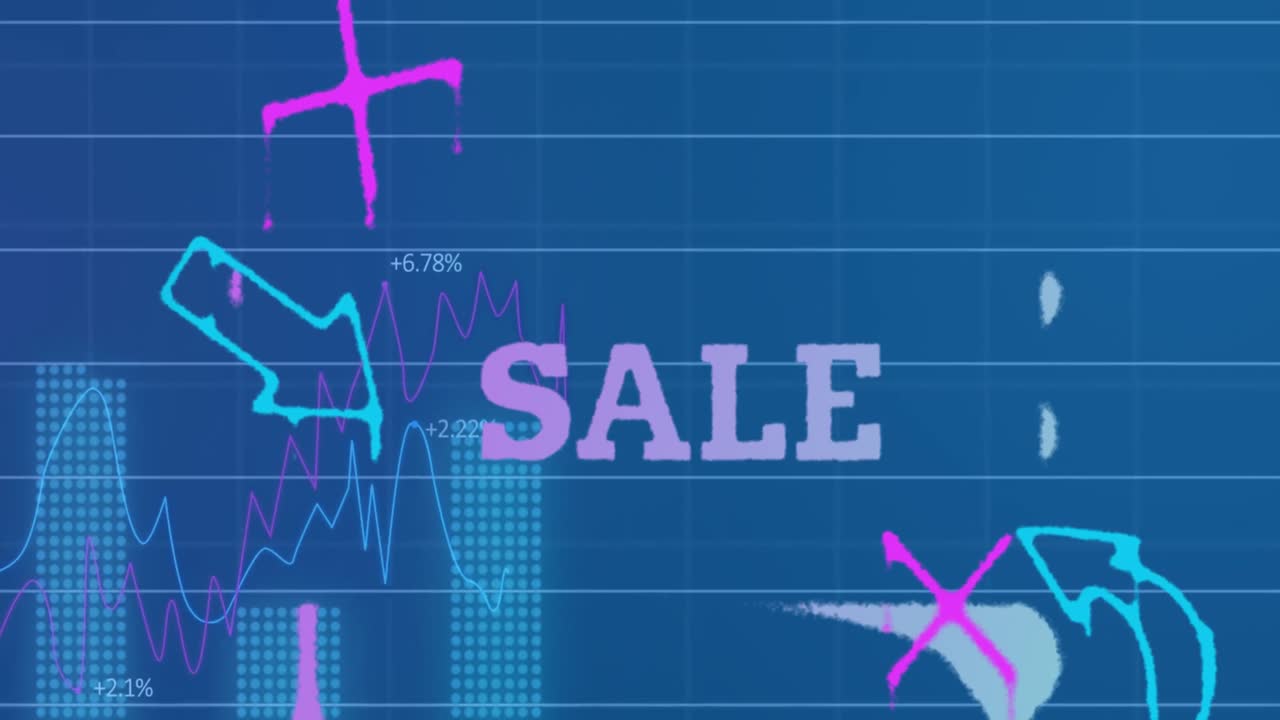 파란색 배경에 데이터 처리를 통해 판매 텍스트와 아이콘의 애니메이션