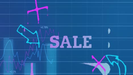 파란색 배경에 데이터 처리를 통해 판매 텍스트와 아이콘의 애니메이션