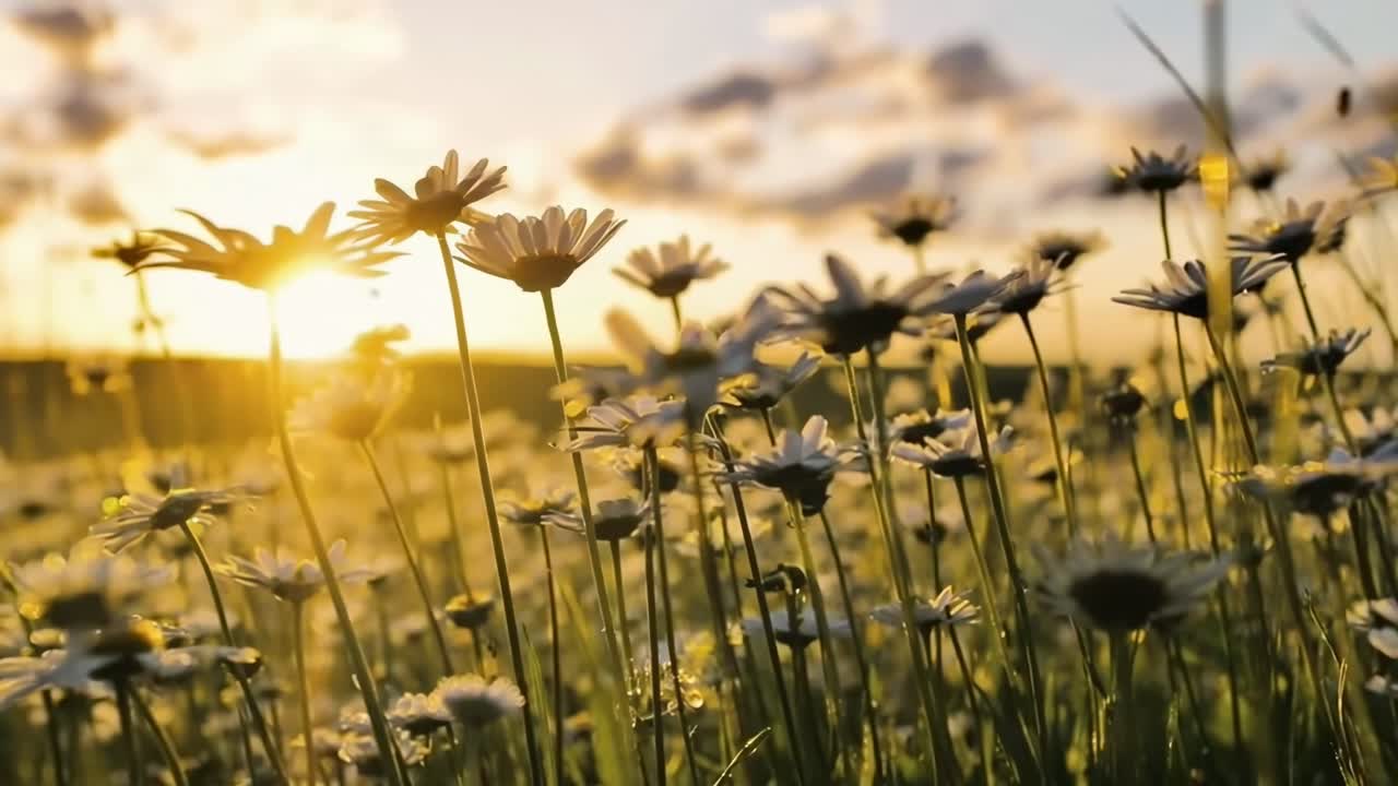 Lavvinkelvideo af margeritter ved solnedgang, der indfanger en fredfyldt og gylden naturscene