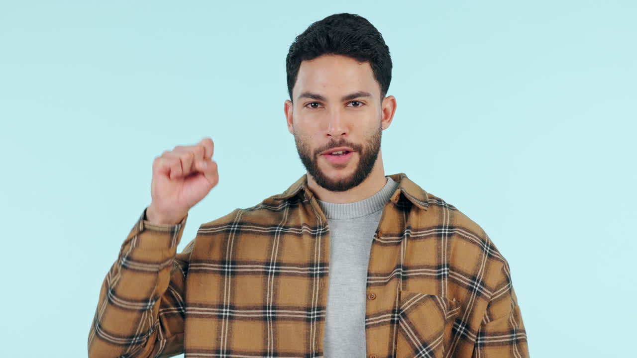 Countdown, hands and face of man on blue