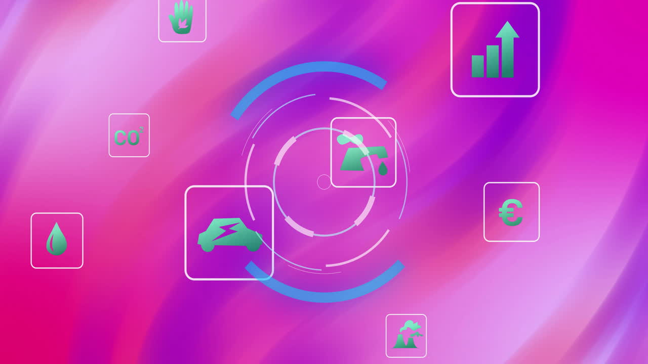Animation of financial and environmental icons on vibrant pink and purple background
