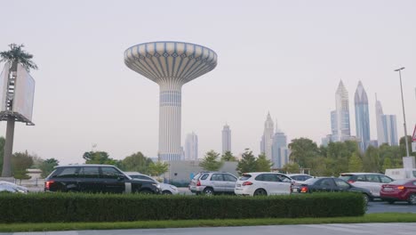 dubai cityscape with water tower and traffic