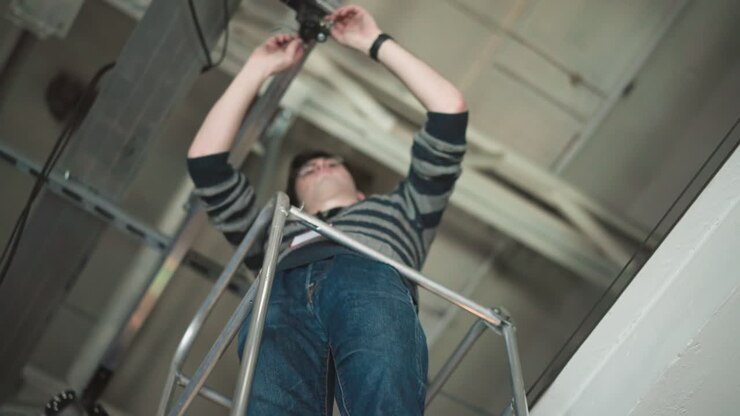Lavoratore che utilizza strumenti per installare attrezzature su una piattaforma elevata in uno studio televisivo, con un'inquadratura dall'alto che mostra l'infrastruttura del soffitto e i cavi, concentrato sul processo di installazione.