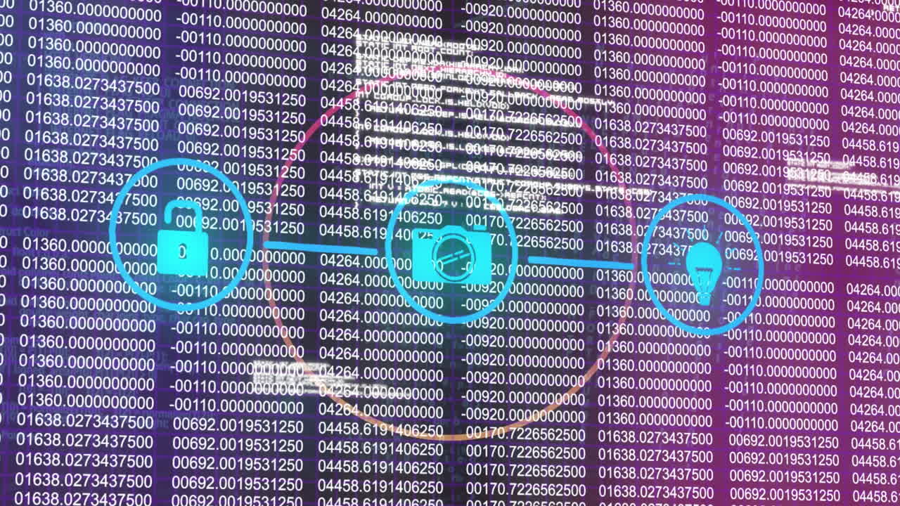 Animation of network with digital icons and data processing