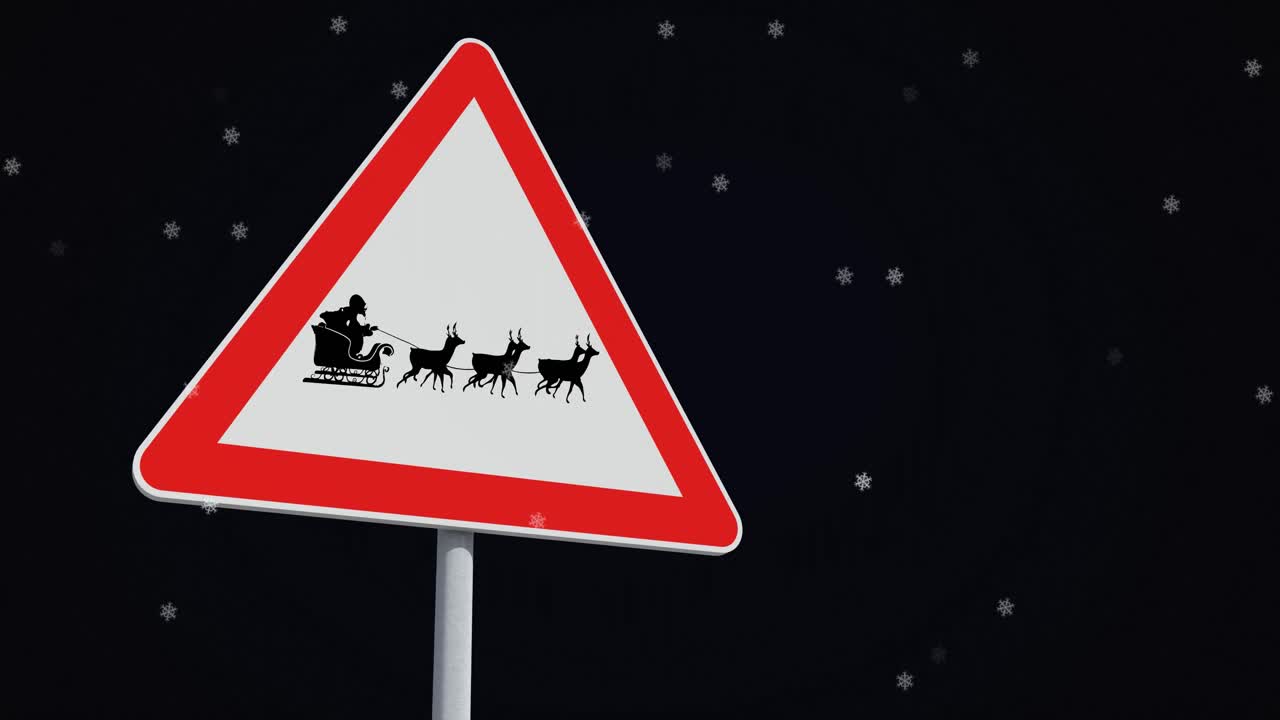 animación de nieve cayendo sobre la señal de carretera de navidad en fondo negro