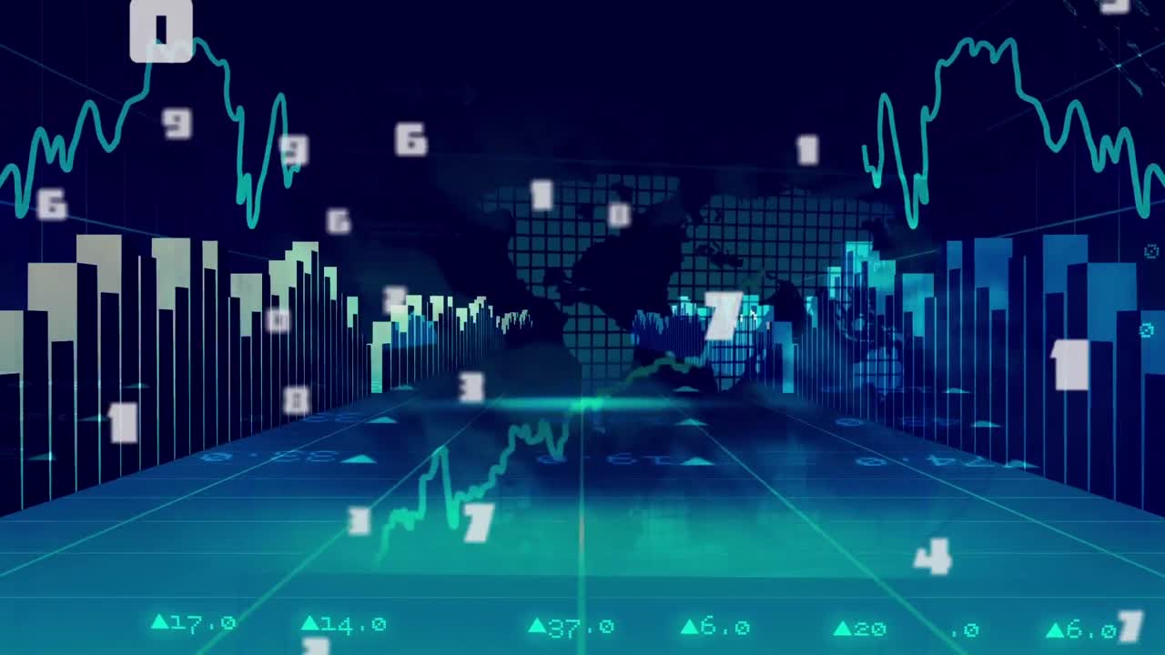 파란색 배경의 세계 지도에 대한 금융 데이터 처리