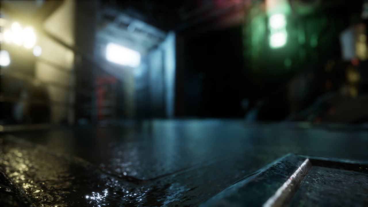 밤에 비가 내리면서 격리된 빈 도시 거리