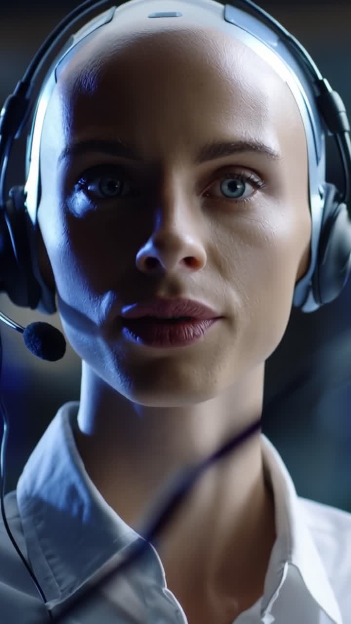 En rolig, fokusert kvinne med headset, med våkne øyne. Mykt blått lys fremhever hennes profesjonelle fremtoning. Hun virker oppmerksom og klar til å assistere eller kommunisere. Ideell for teknisk støtte og kundeservice.