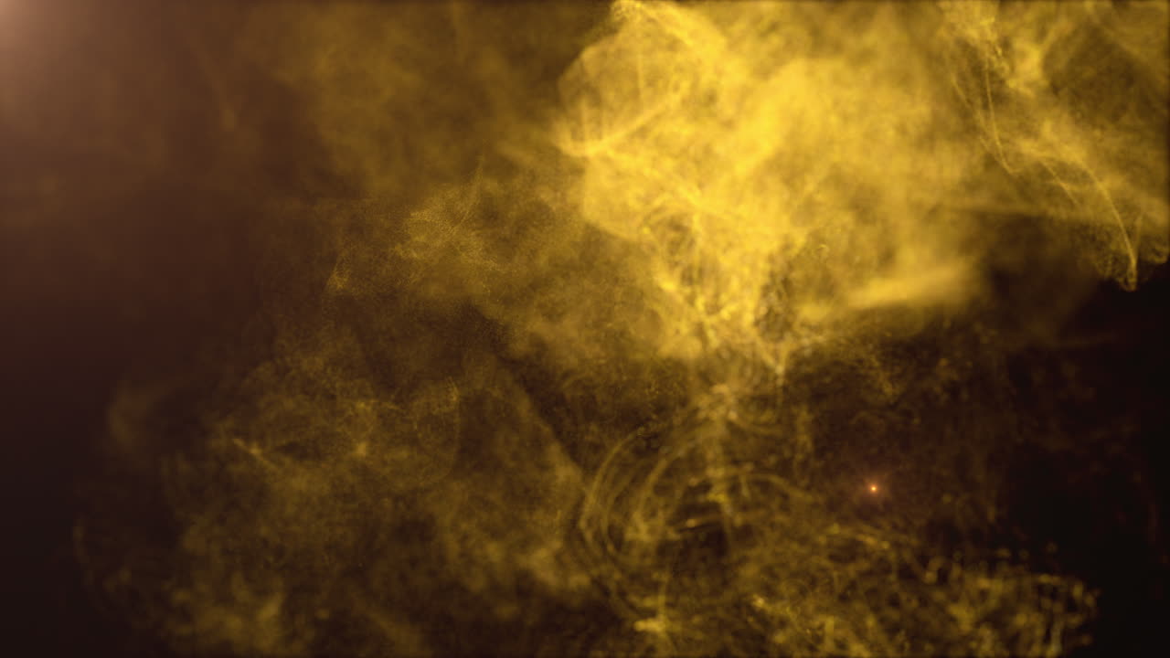 gráfico de movimiento generado digitalmente partículas de humo de oro abstractas misteriosas que fluyen en el abismo cibernético, fondo de desenfoque tecnológico