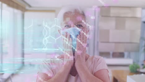 animation of data processing over senior caucasian woman wearing face mask