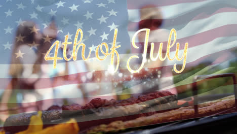 group of friends celebrating and an american flag with a 4th of july text