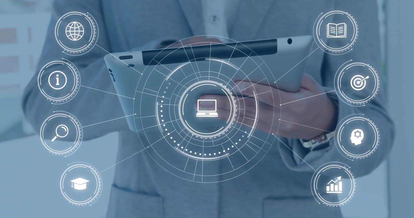 Vertical video: Manager tapping tablet screen and opening HUD and navigating tech icons by taps