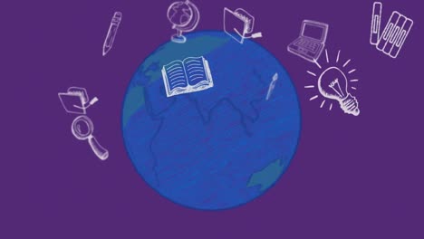 animación de iconos escolares sobre un globo azul y un fondo púrpura