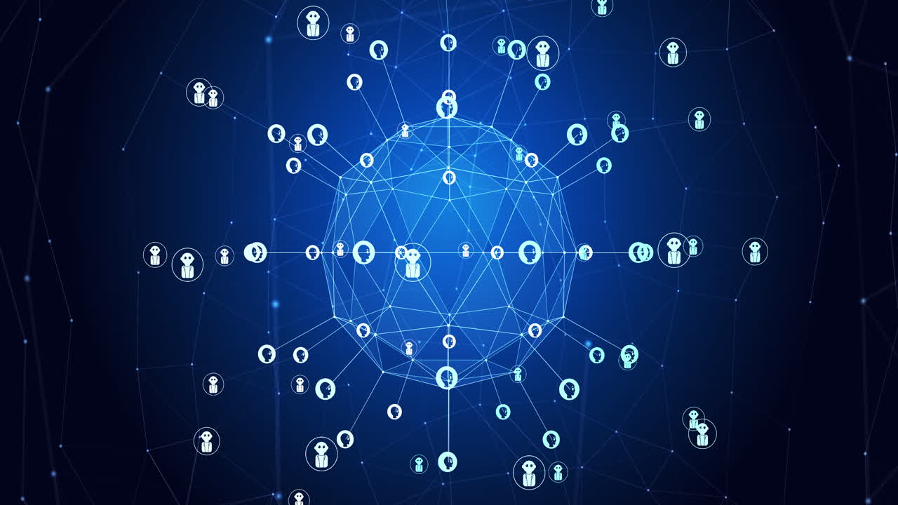 animación del globo de conexiones con iconos en fondo azul y negro