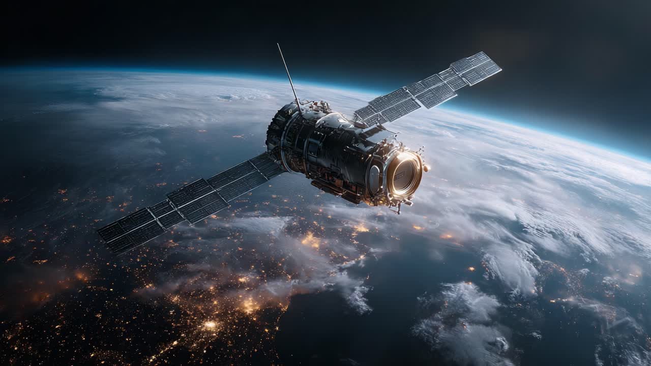A Majestic Spacecraft Orbiting Earth: Captivating Views of a Satellite in Action, Showcasing Its Design and Advanced Technology Against a Stunning Cosmic Backdrop