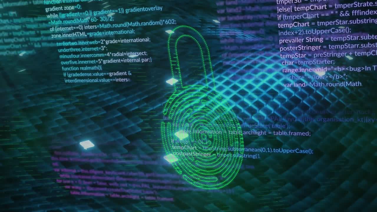 animación del icono del candado de seguridad y los puntos de luz sobre onda digital contra fondo azul