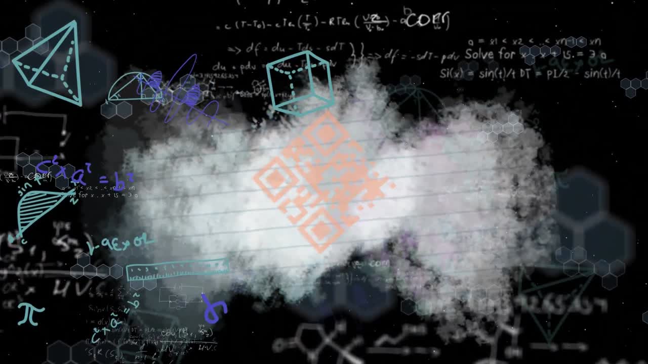 여러 모양과 수학적 방정식이 떠있는 종이 한 장에 떠있는 루프 된 qr 코드