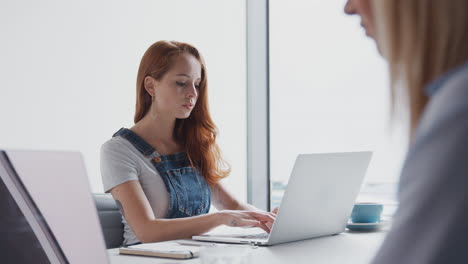 Two-Casually-Dressed-Young-Businesswomen-Working-On-Laptops-In-Modern-Meeting-Room