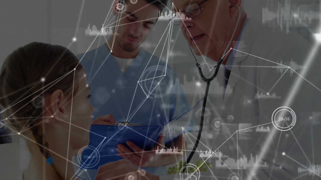 Child patient sitting with doctor and nurse in clinic, with hologram charts, lines, nodes floating