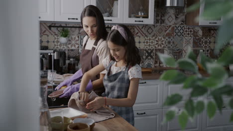 mother and daughter washing dishes in kitchen