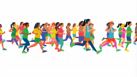 a colorful illustration of a diverse group of people running together
