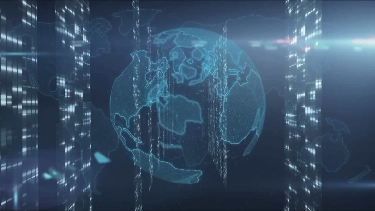 Animation of moving columns over globe and world map on black background