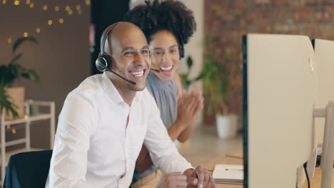 call center, happy team and celebration of success
