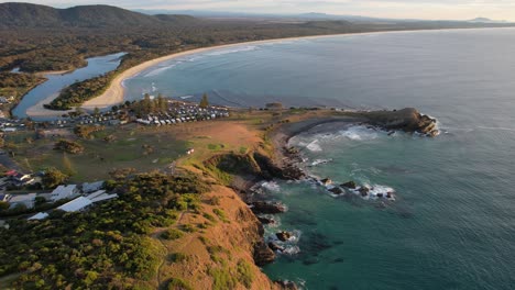 Crescent-Head---Goolawah-Beach---Pebbly-Beach---New-South-Wales--NSW---Australia---Early-Morning-Aerial-Shot