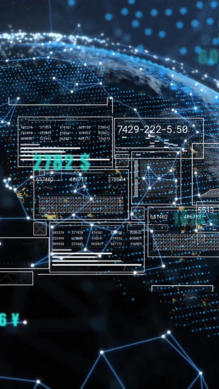 Animation of interface with data processing and network of connections against a globe