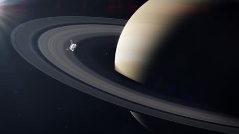 near future spaceship flying past saturn